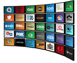 Big screen TV with many Network icons displayed